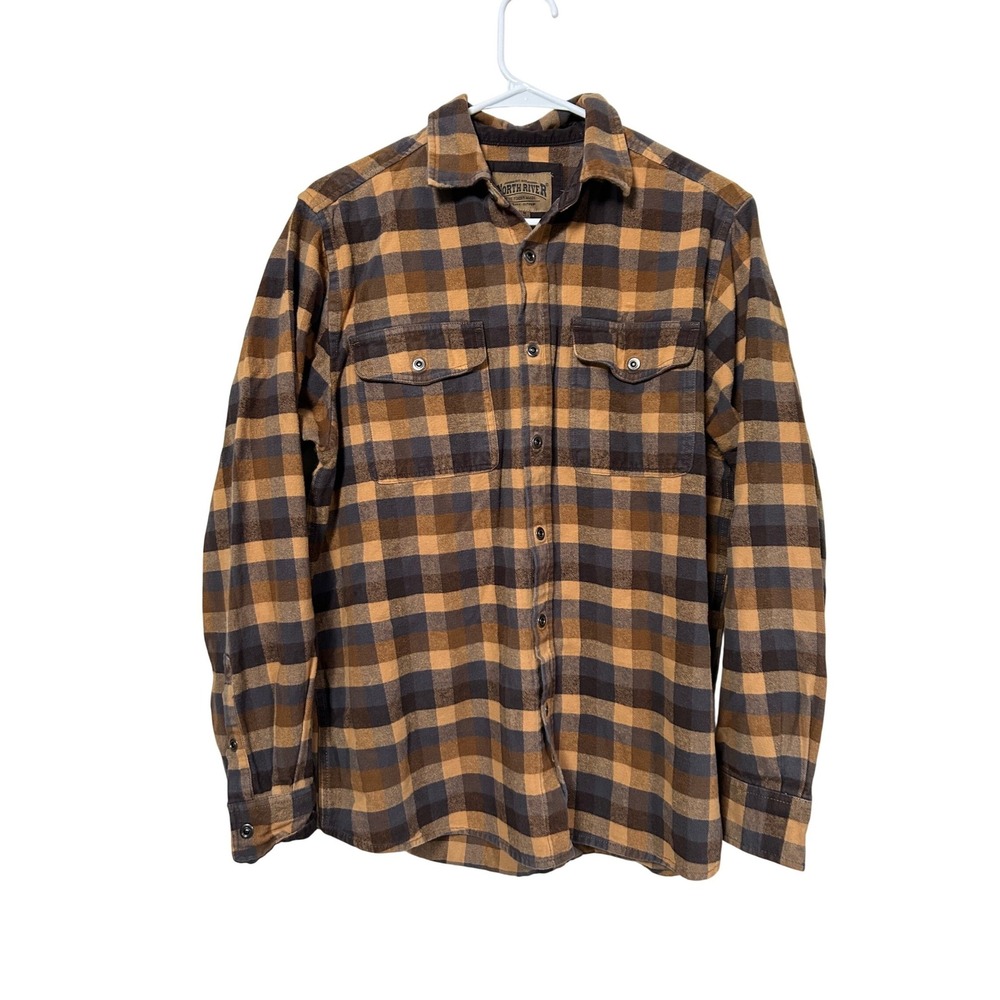 North River Mens Plaid Flannel Shirt Brown Yellow Snap Front 100% Cotton M